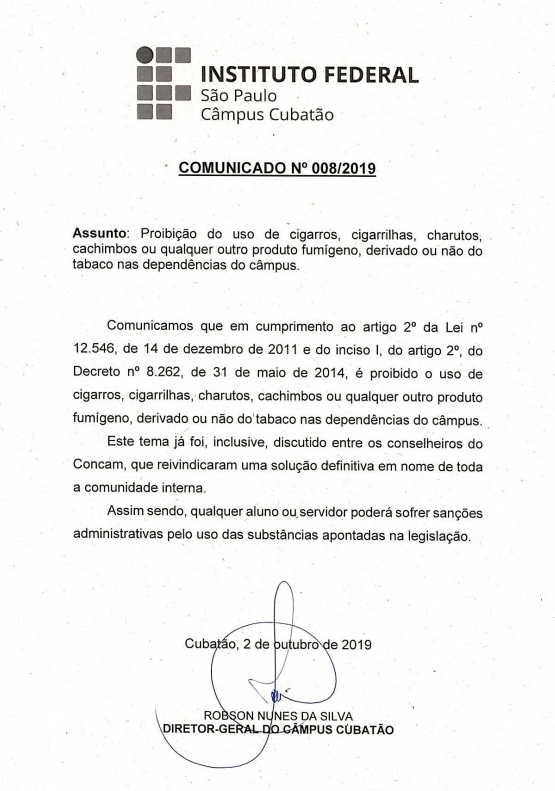 Comunicado 0082018 Proibição do uso de cigarros