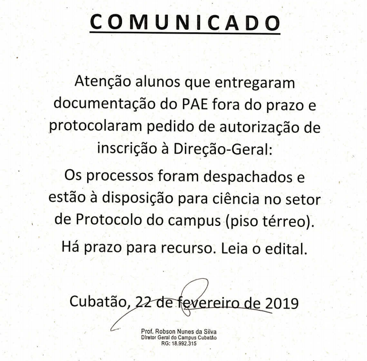 comunicado PAE