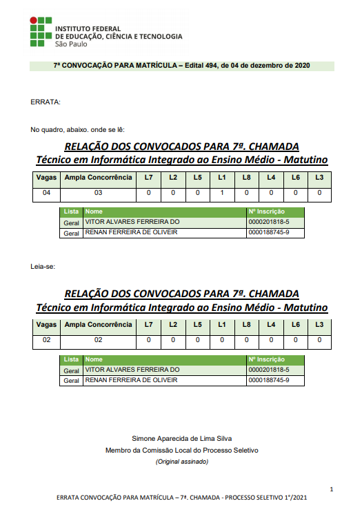 errata CONVOCAÇÃO 7A CHAMADA